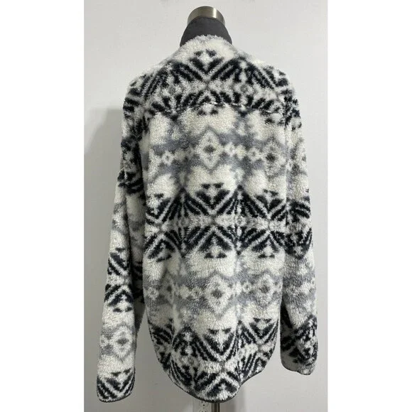 Eddie Bauer Pullover Mens Large Tall White Gray Black Plush Fuzzy Cozy Jacket - Picture 8 of 11